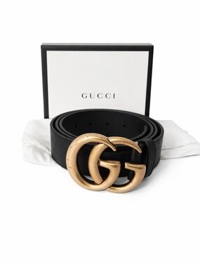 Gucci Double G Black Leather Belt with Gold Buckle-L/XL…..12-16